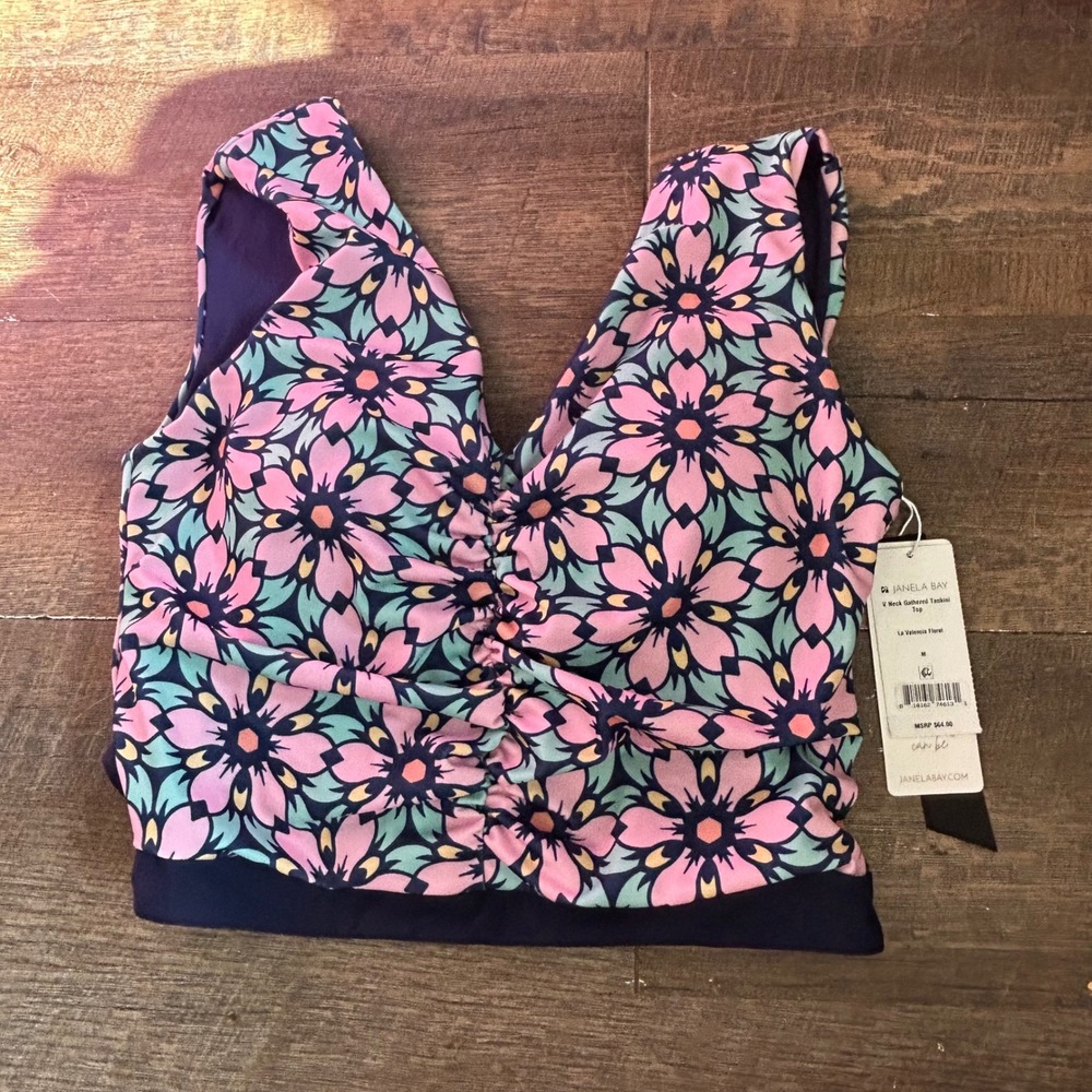 Janela Bay La Valencia Floral V Neck Gathered Tankini Top Navy Pink Size M NWT